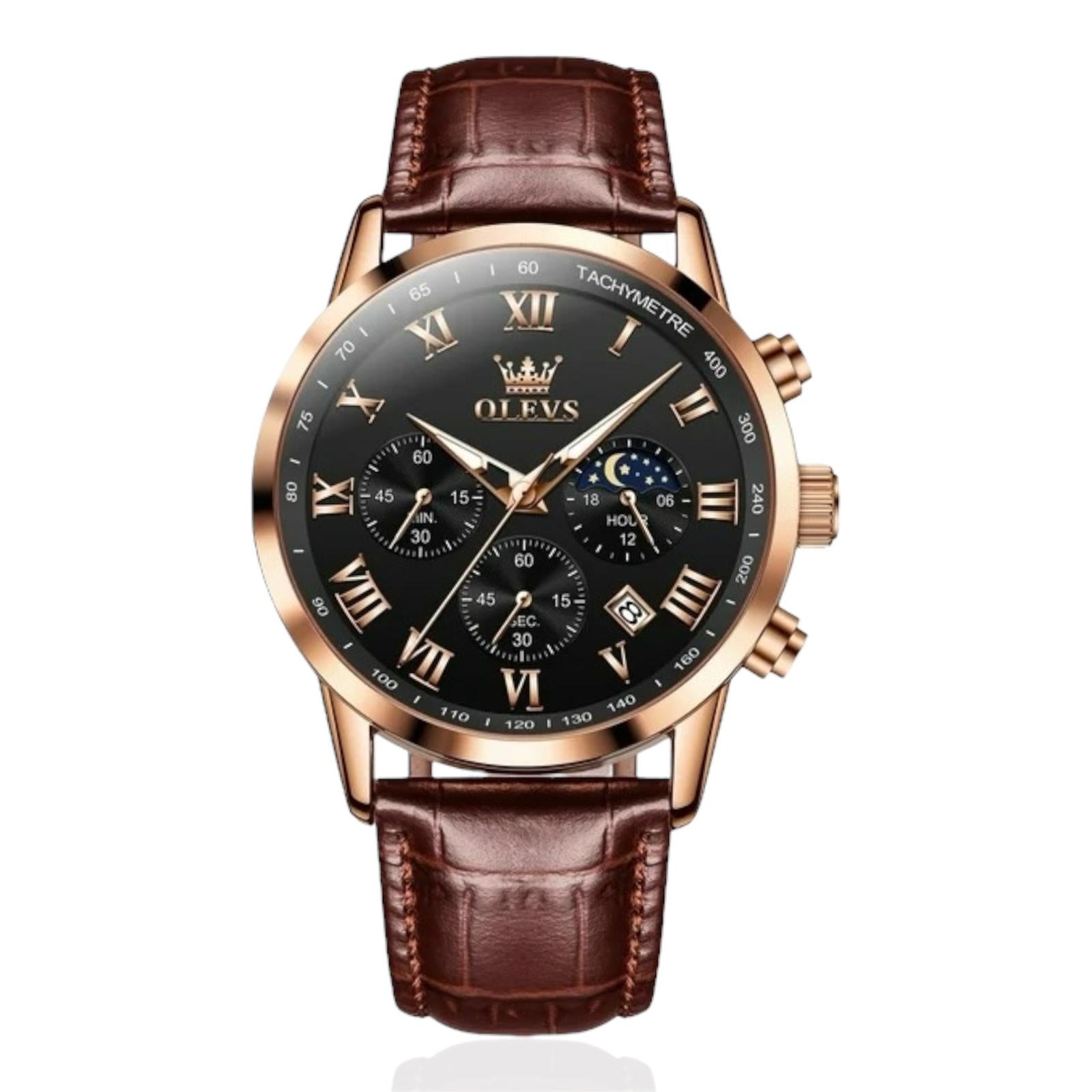 OLEVS Mens Leather Watch Chronograph Luxury Fashion Dress Analog Quartz Wrist Watch Luminous Waterproof Moon Phase Date Multi-functional Timing Quartz Watch - Acquisti Online