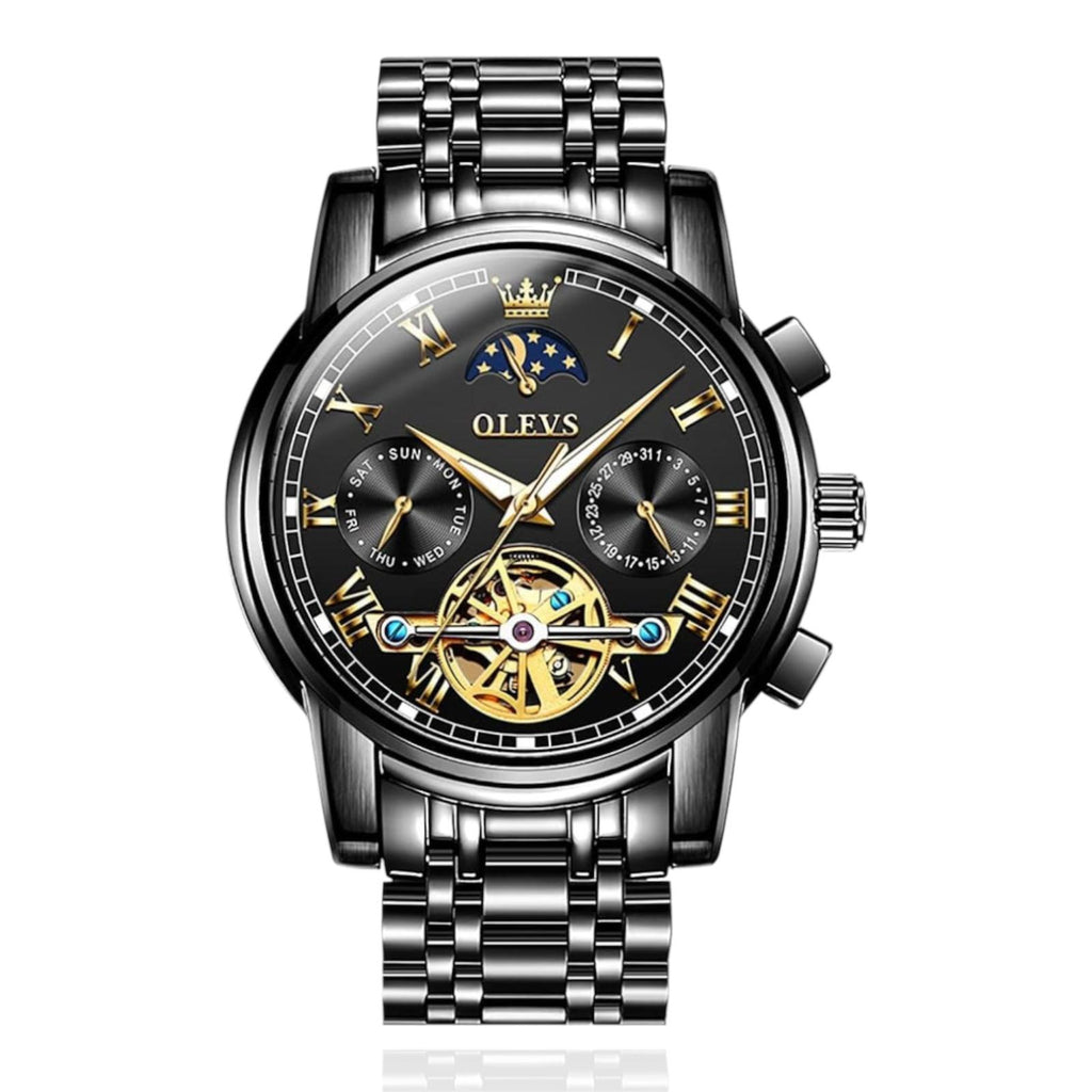OLEVS Automatic Mechanical Watch for Men Weekly Calendar Skeleton Hollow Stainless Steel Wristwatch Classic Business Men's Watche