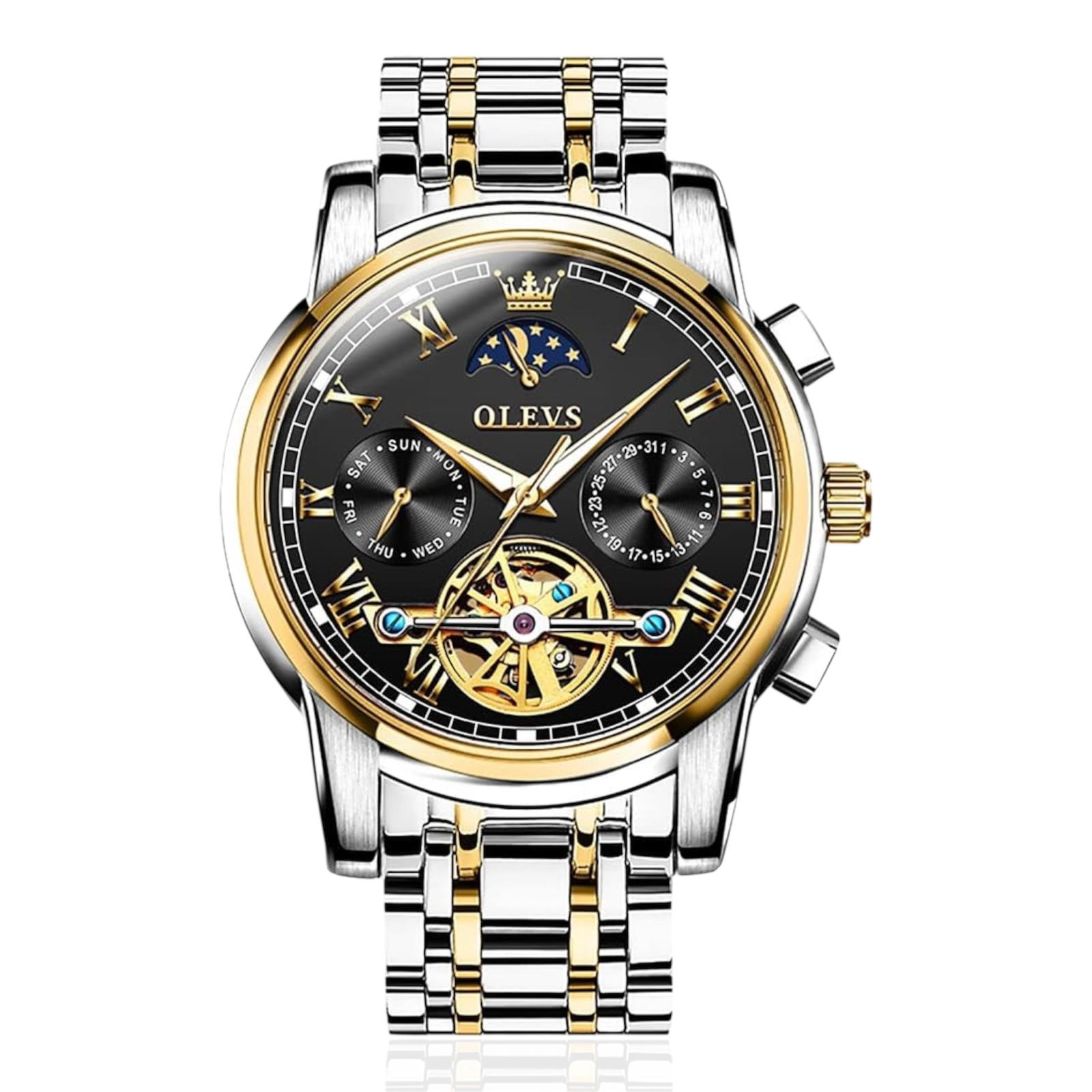 OLEVS Automatic Mechanical Watch for Men Weekly Calendar Skeleton Hollow Stainless Steel Wristwatch Classic Business Men's Watche - Acquisti Online
