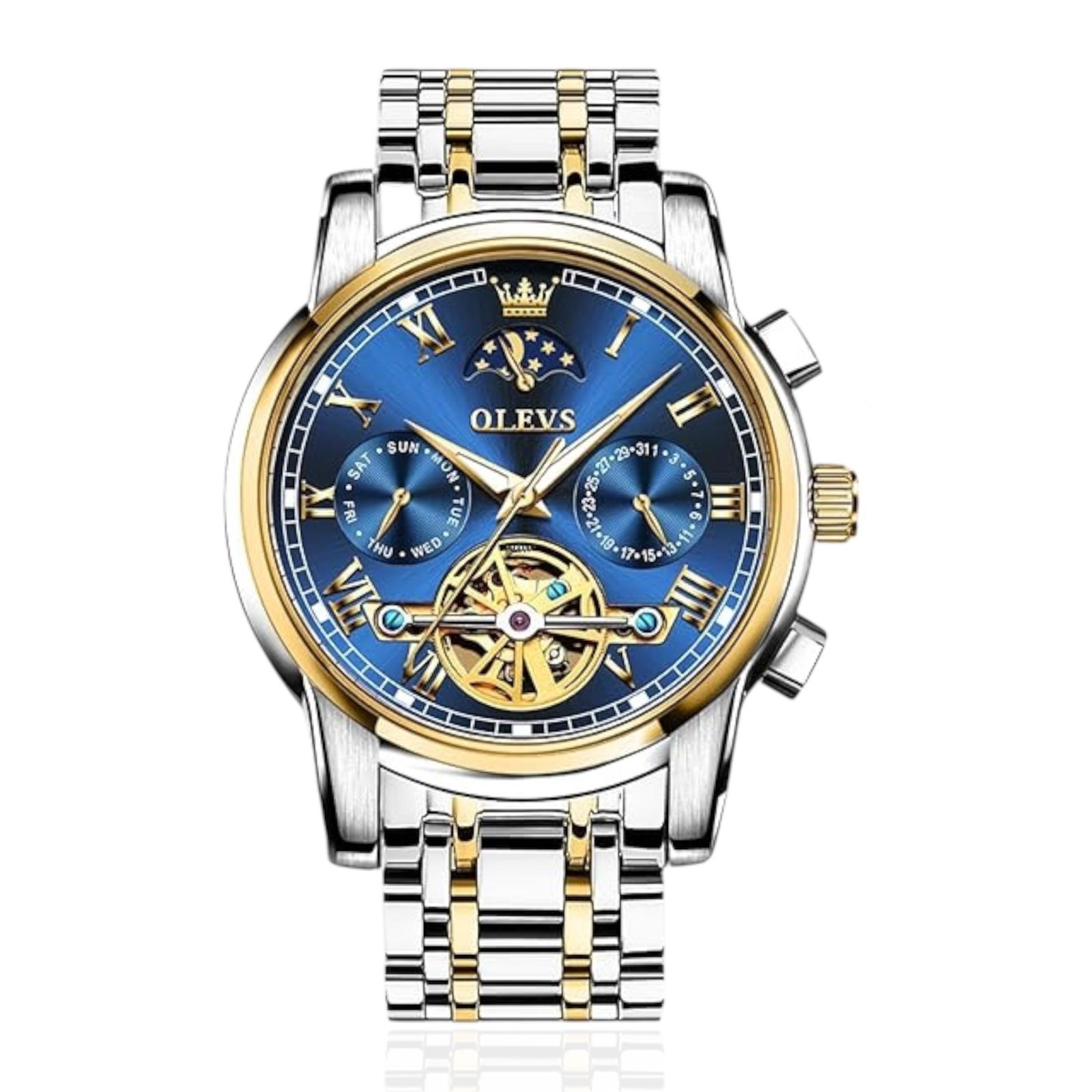 OLEVS Automatic Mechanical Watch for Men Weekly Calendar Skeleton Hollow Stainless Steel Wristwatch Classic Business Men's Watche - Acquisti Online