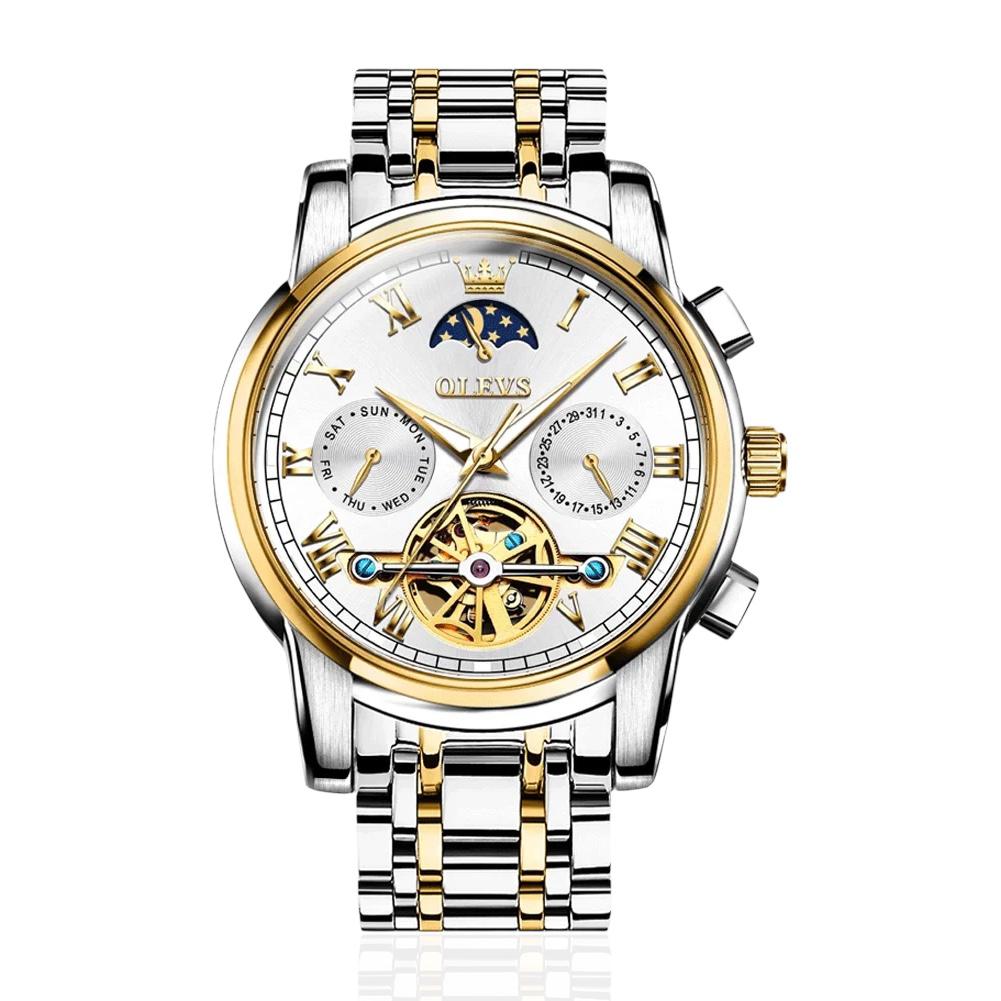 OLEVS Automatic Mechanical Watch for Men Weekly Calendar Skeleton Hollow Stainless Steel Wristwatch Classic Business Men's Watche