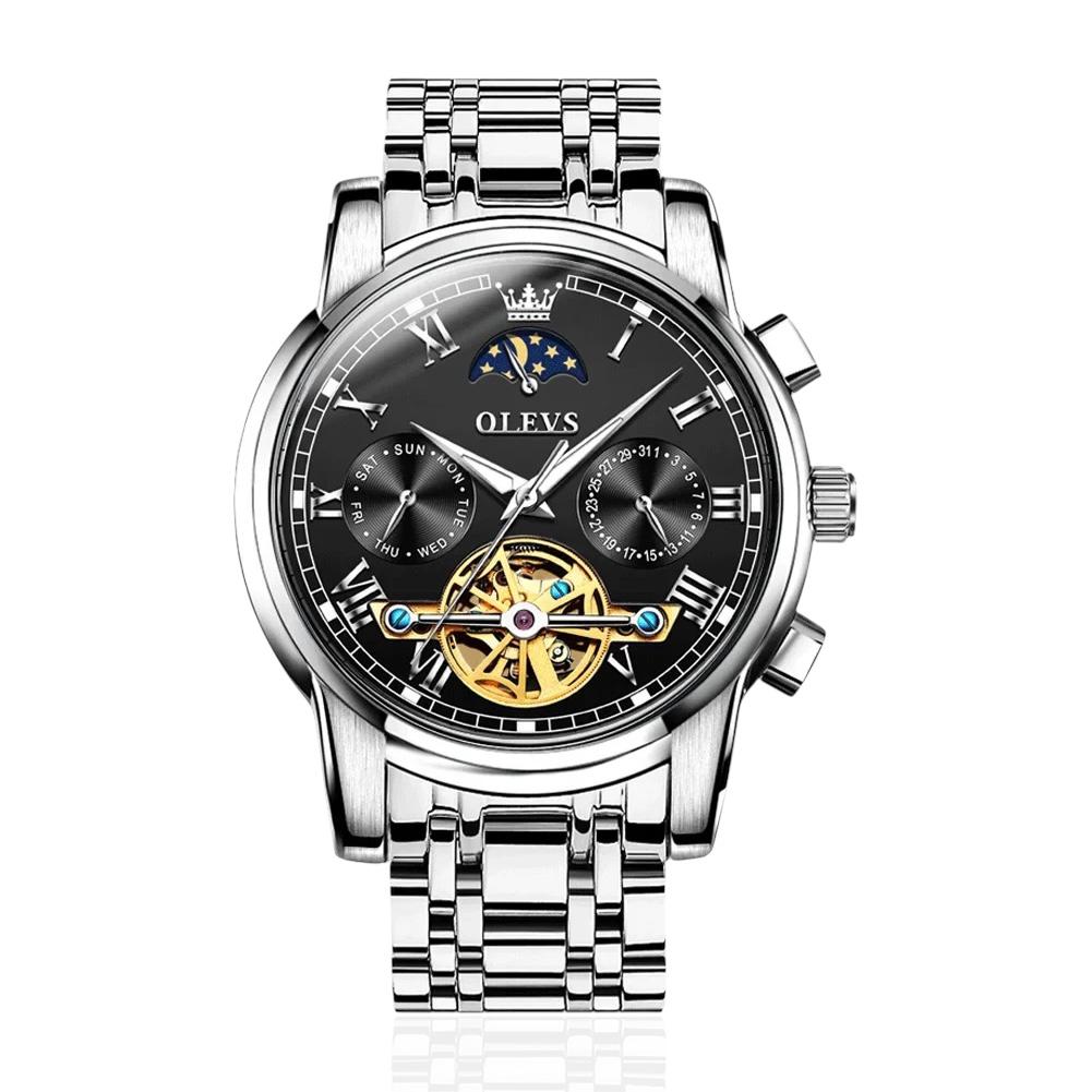 OLEVS Automatic Mechanical Watch for Men Weekly Calendar Skeleton Hollow Stainless Steel Wristwatch Classic Business Men's Watche