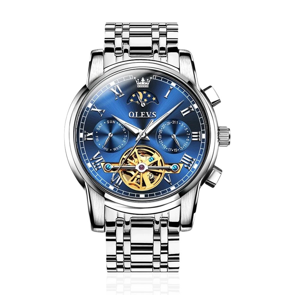 OLEVS Automatic Mechanical Watch for Men Weekly Calendar Skeleton Hollow Stainless Steel Wristwatch Classic Business Men's Watche - Acquisti Online