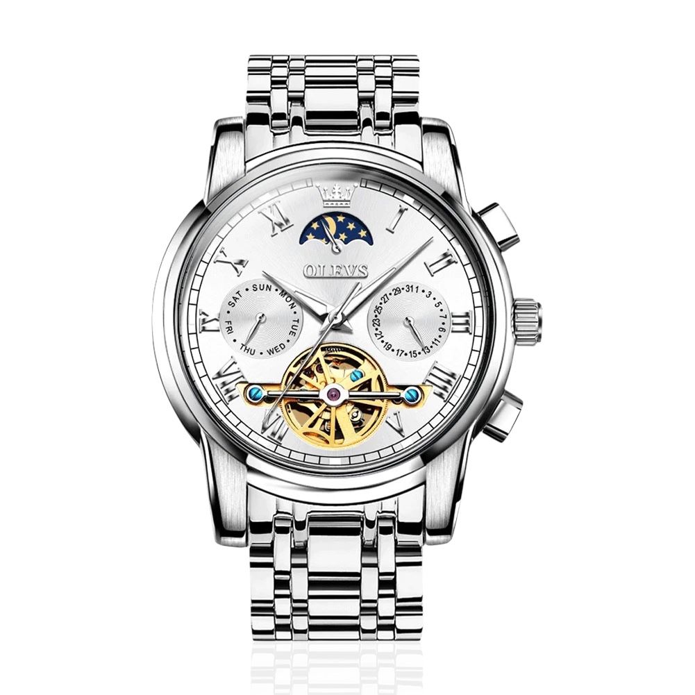 OLEVS Automatic Mechanical Watch for Men Weekly Calendar Skeleton Hollow Stainless Steel Wristwatch Classic Business Men's Watche - Acquisti Online