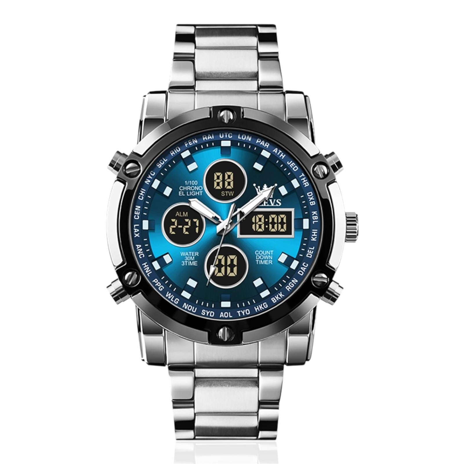 OLEVS Nuovo orologio da uomo con doppio display, sportivo, impermeabile, al quarzo, elettronico, luminoso, con cinturino in acciaio.