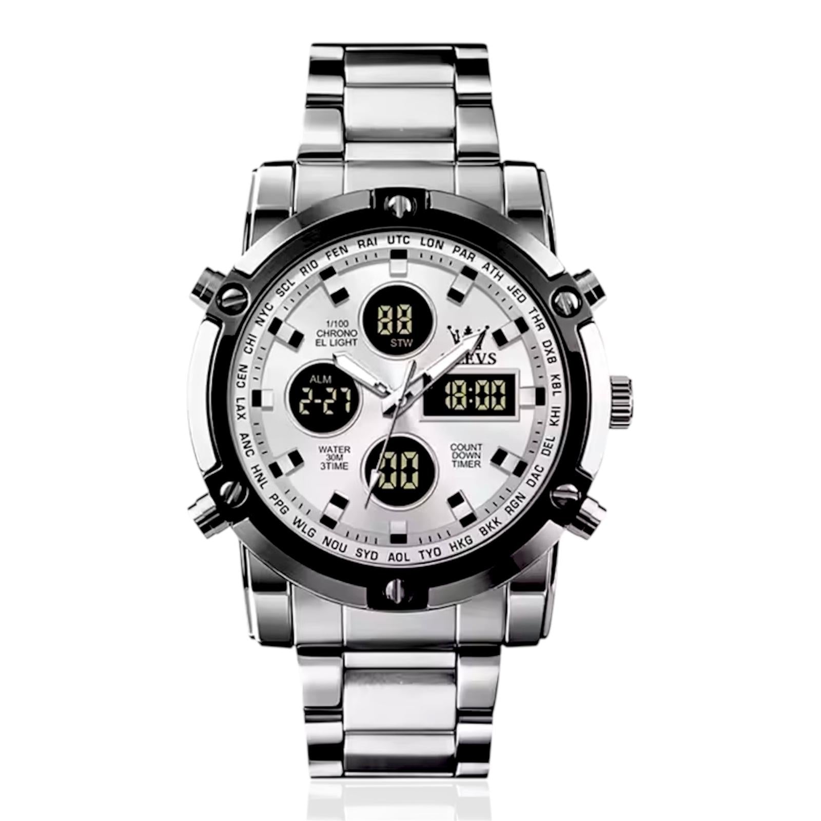 OLEVS Nuovo orologio da uomo con doppio display, sportivo, impermeabile, al quarzo, elettronico, luminoso, con cinturino in acciaio.
