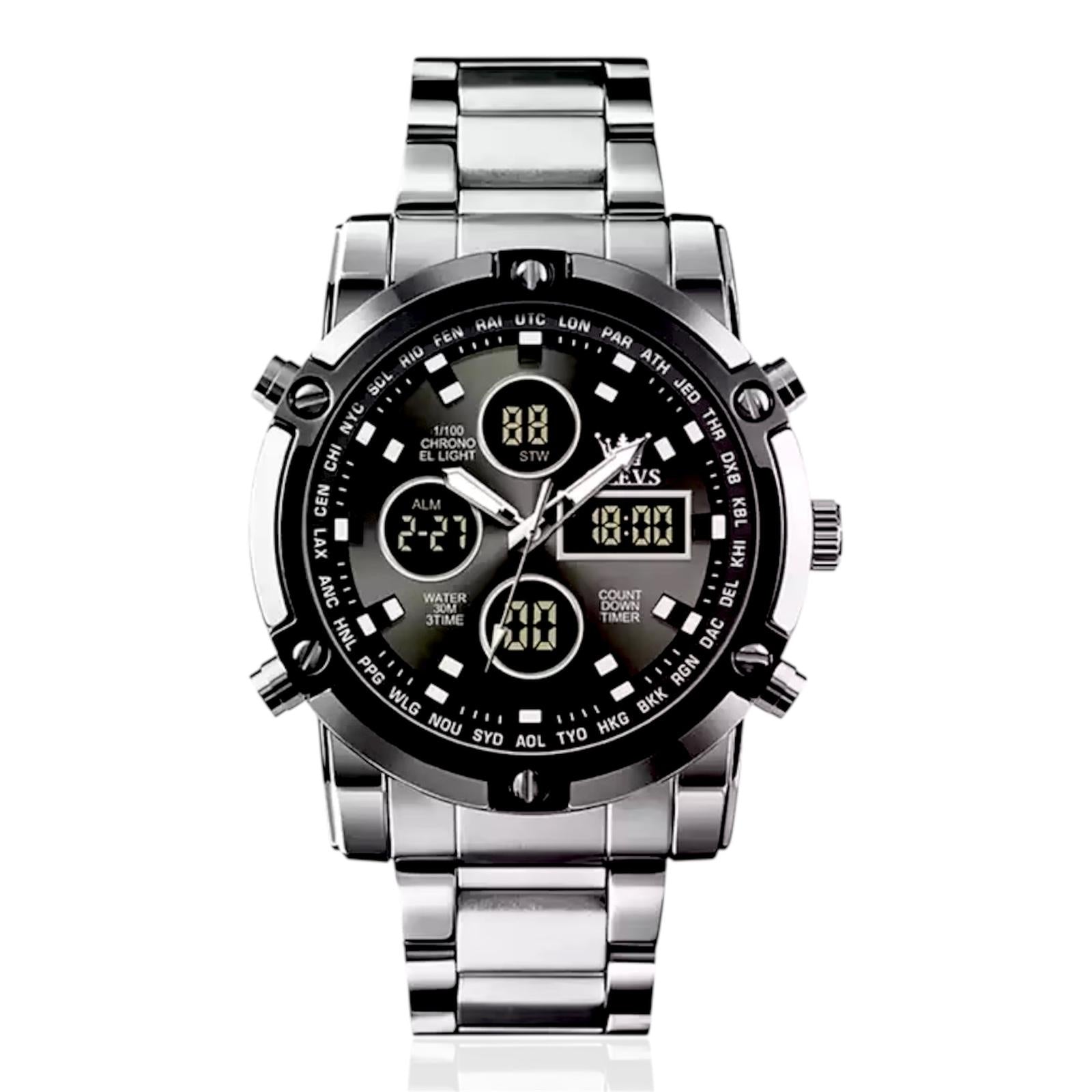 OLEVS Nuovo orologio da uomo con doppio display, sportivo, impermeabile, al quarzo, elettronico, luminoso, con cinturino in acciaio.