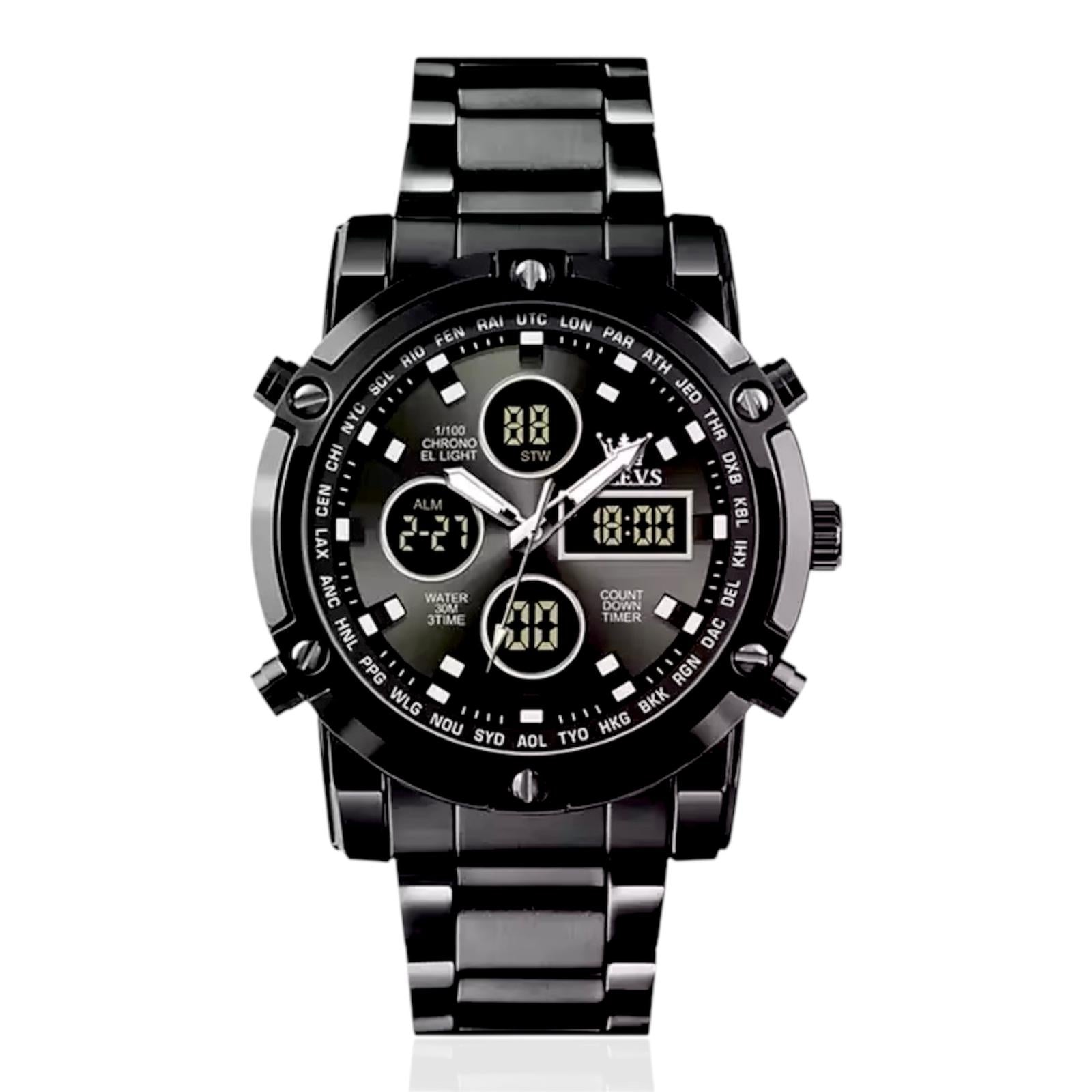 OLEVS Nuovo orologio da uomo con doppio display, sportivo, impermeabile, al quarzo, elettronico, luminoso, con cinturino in acciaio.