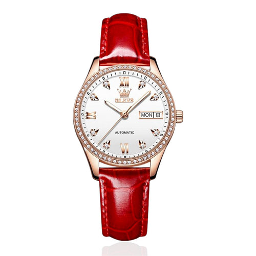 2025 OLEVS Women's Classic Luxury Automatic Mechanical Watch Wine Red Leather Strap Fashion Trend watch