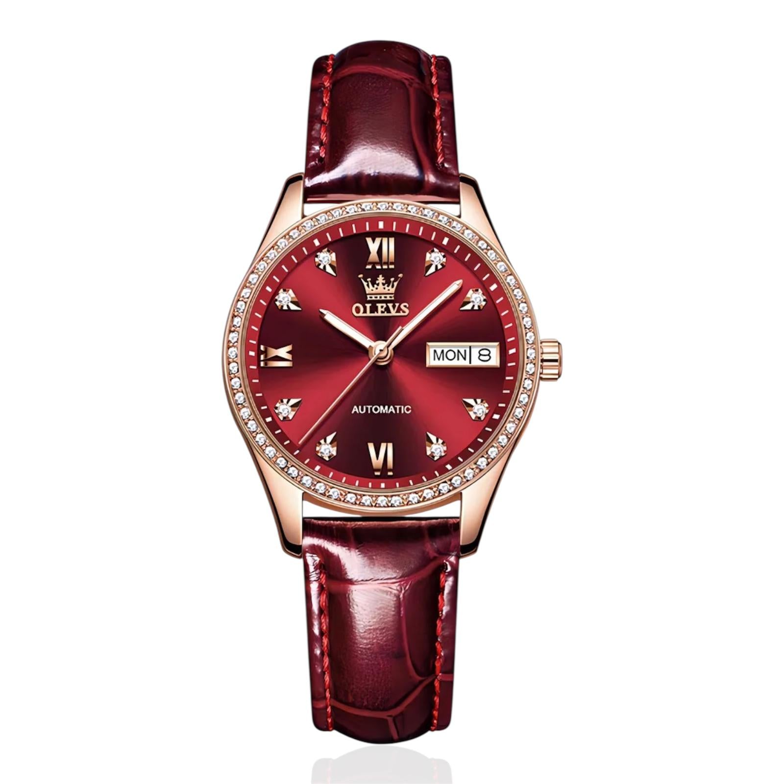 2025 OLEVS Women's Classic Luxury Automatic Mechanical Watch Wine Red Leather Strap Fashion Trend watch