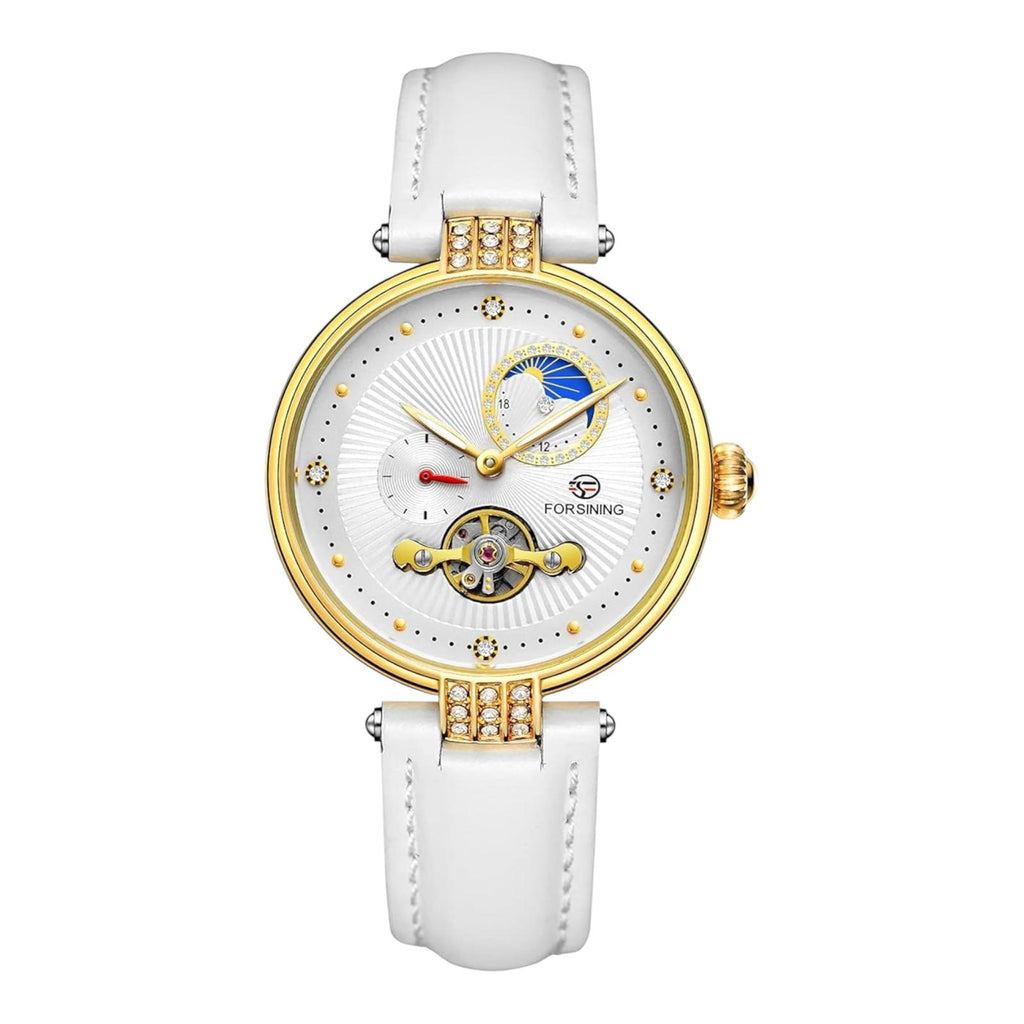 FORSINING Women Mechanical Self Winding Watch Genuine Leather Strap Moon Phase Luminous Hollowed-out Mechanical Watch