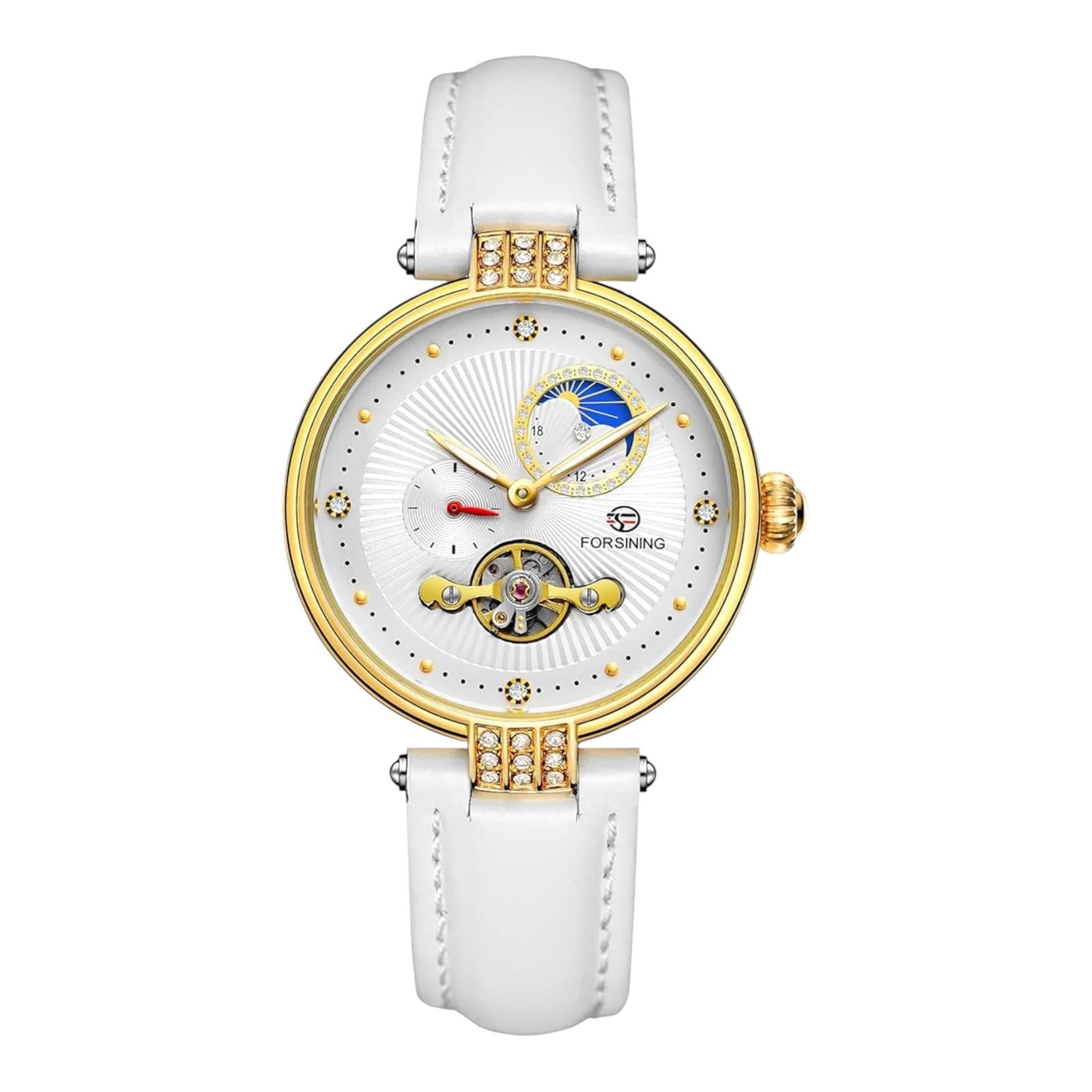 FORSINING Women Mechanical Self Winding Watch Genuine Leather Strap Moon Phase Luminous Hollowed-out Mechanical Watch