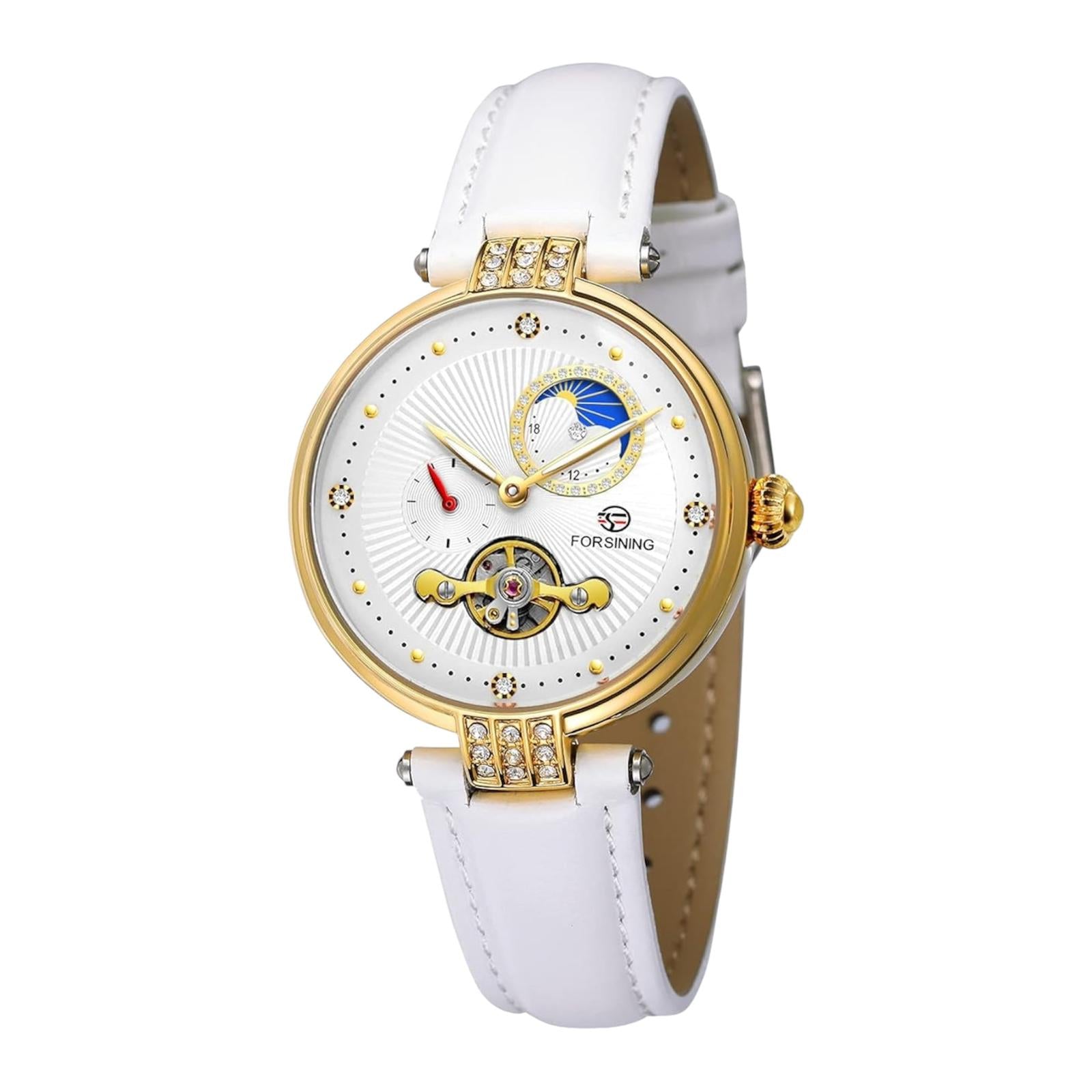 FORSINING Women Mechanical Self Winding Watch Genuine Leather Strap Moon Phase Luminous Hollowed-out Mechanical Watch