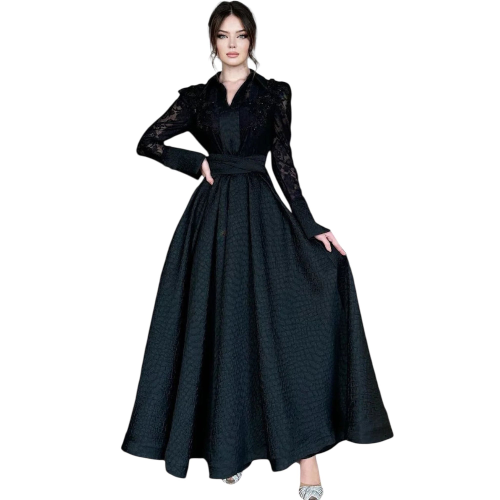 Women's Fashionable White Front Chest Flower Beads Lace Yarn French Style Retro Long Sleeve Fashion Slim Women's Dress