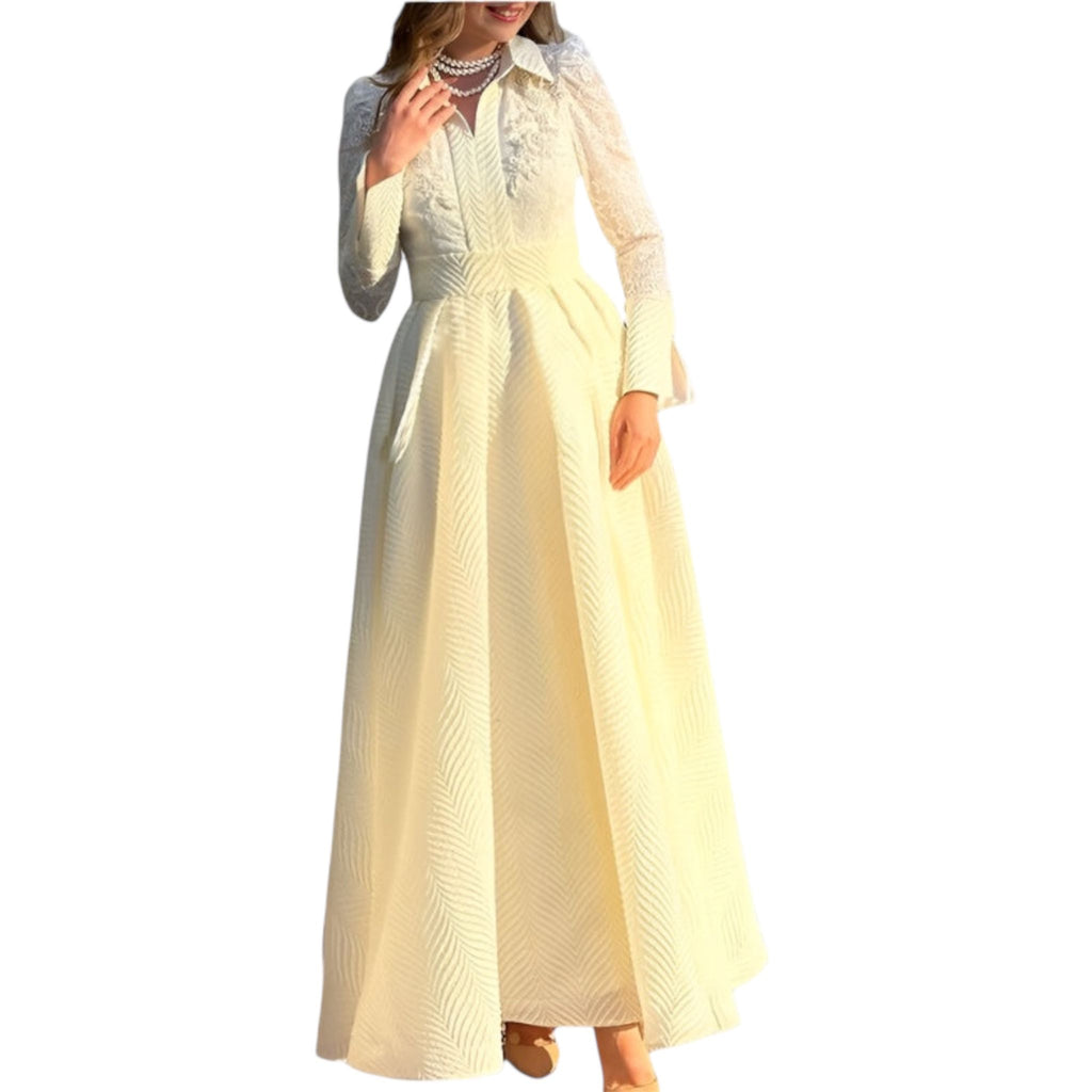 Women's Fashionable White Front Chest Flower Beads Lace Yarn French Style Retro Long Sleeve Fashion Slim Women's Dress