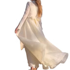 Women's Fashionable White Front Chest Flower Beads Lace Yarn French Style Retro Long Sleeve Fashion Slim Women's Dress