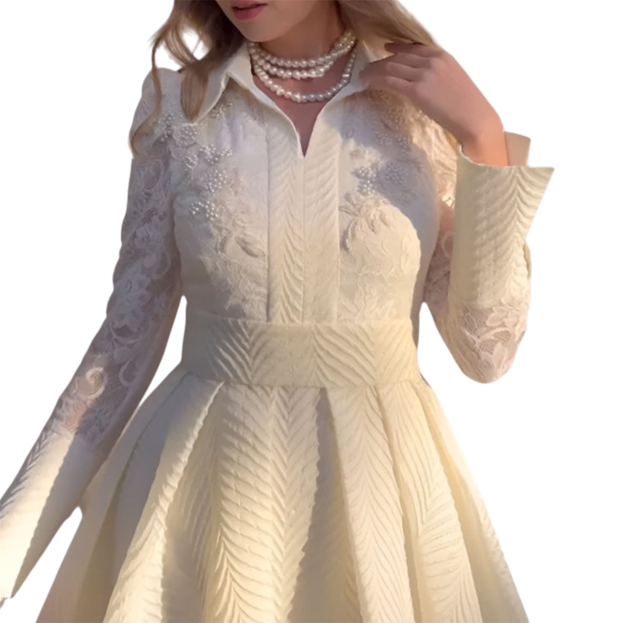 Women's Fashionable White Front Chest Flower Beads Lace Yarn French Style Retro Long Sleeve Fashion Slim Women's Dress