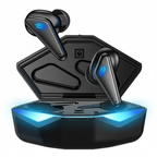 True wireless earbuds with charging case on a white background