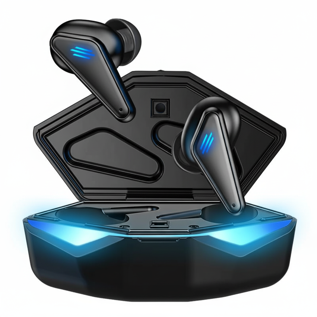 True wireless earbuds with charging case on a white background