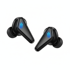 Black wireless earbuds with blue LED lights on a white background