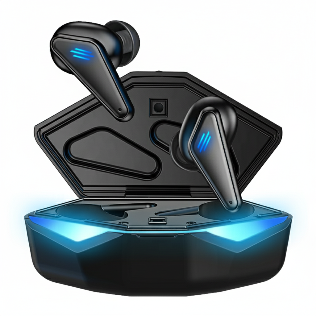 True wireless earbuds with charging case on a white background