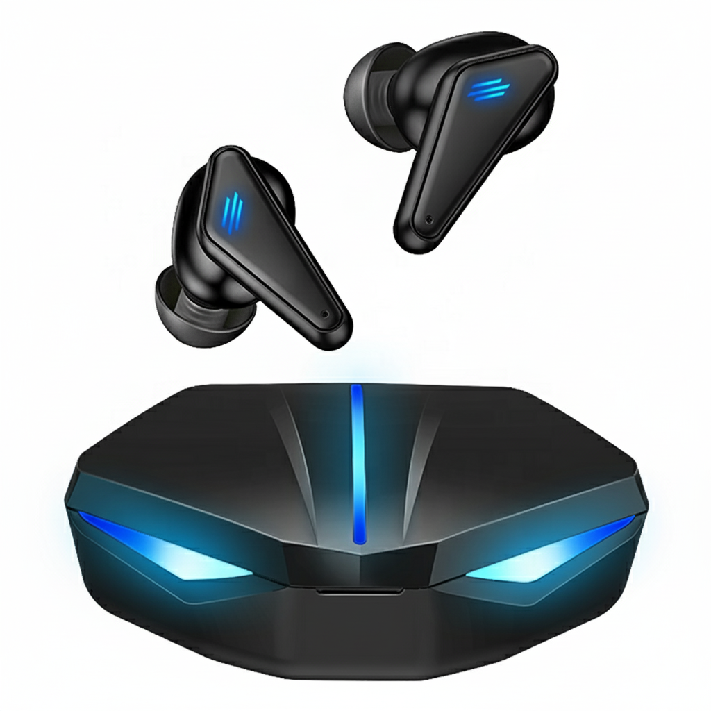 Black wireless earbuds with blue lights on a white background