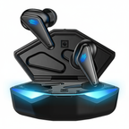 True wireless earbuds with charging case on a white background