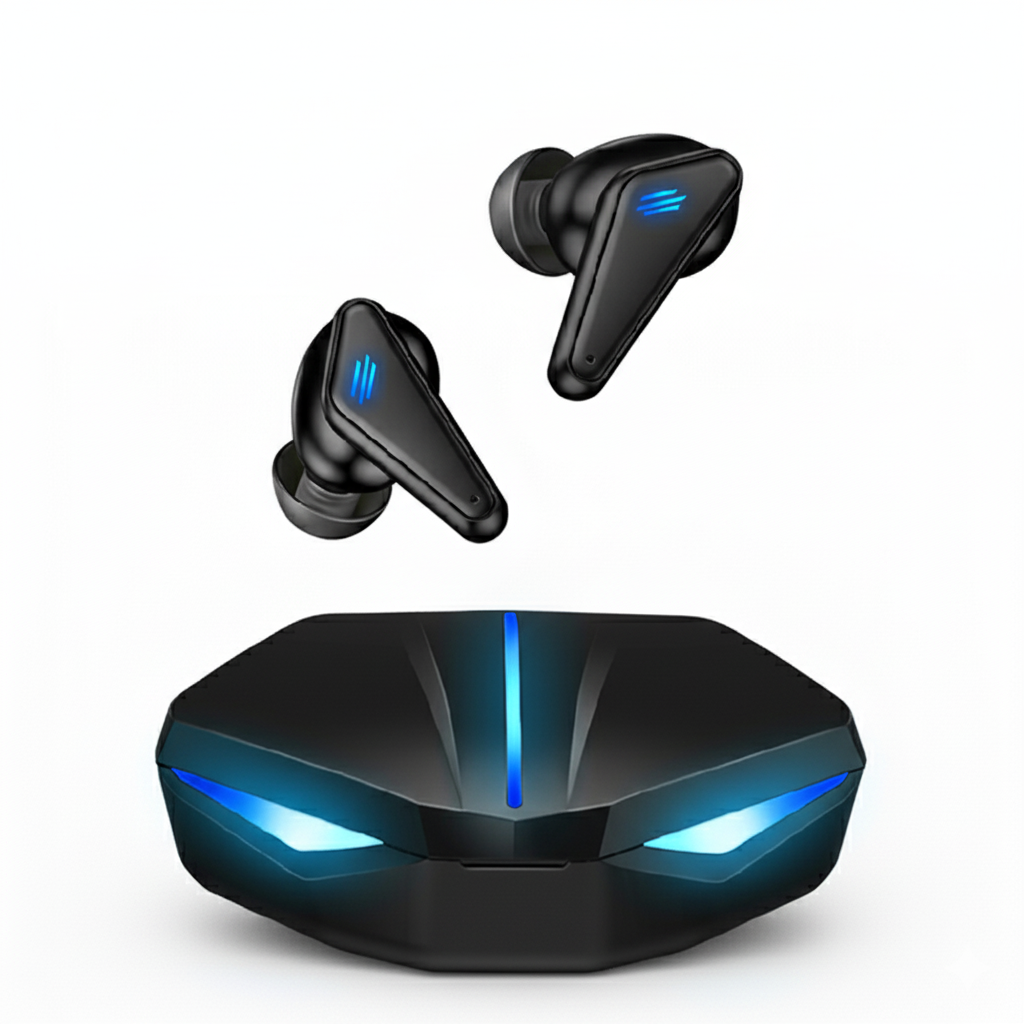 Black wireless earbuds with blue lights on a white background
