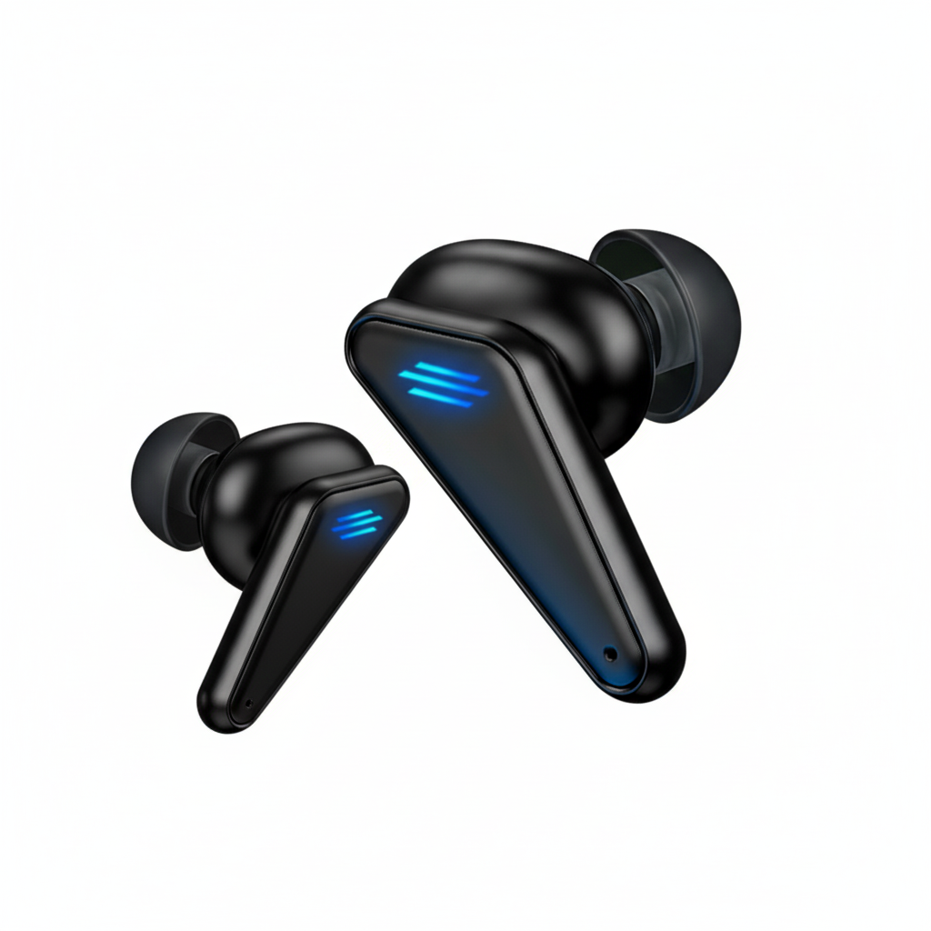 Black wireless earbuds with blue LED lights on a white background