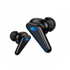 Black wireless earbuds with blue LED lights on a white background