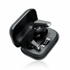 Black wireless earbuds with charging case on a white background