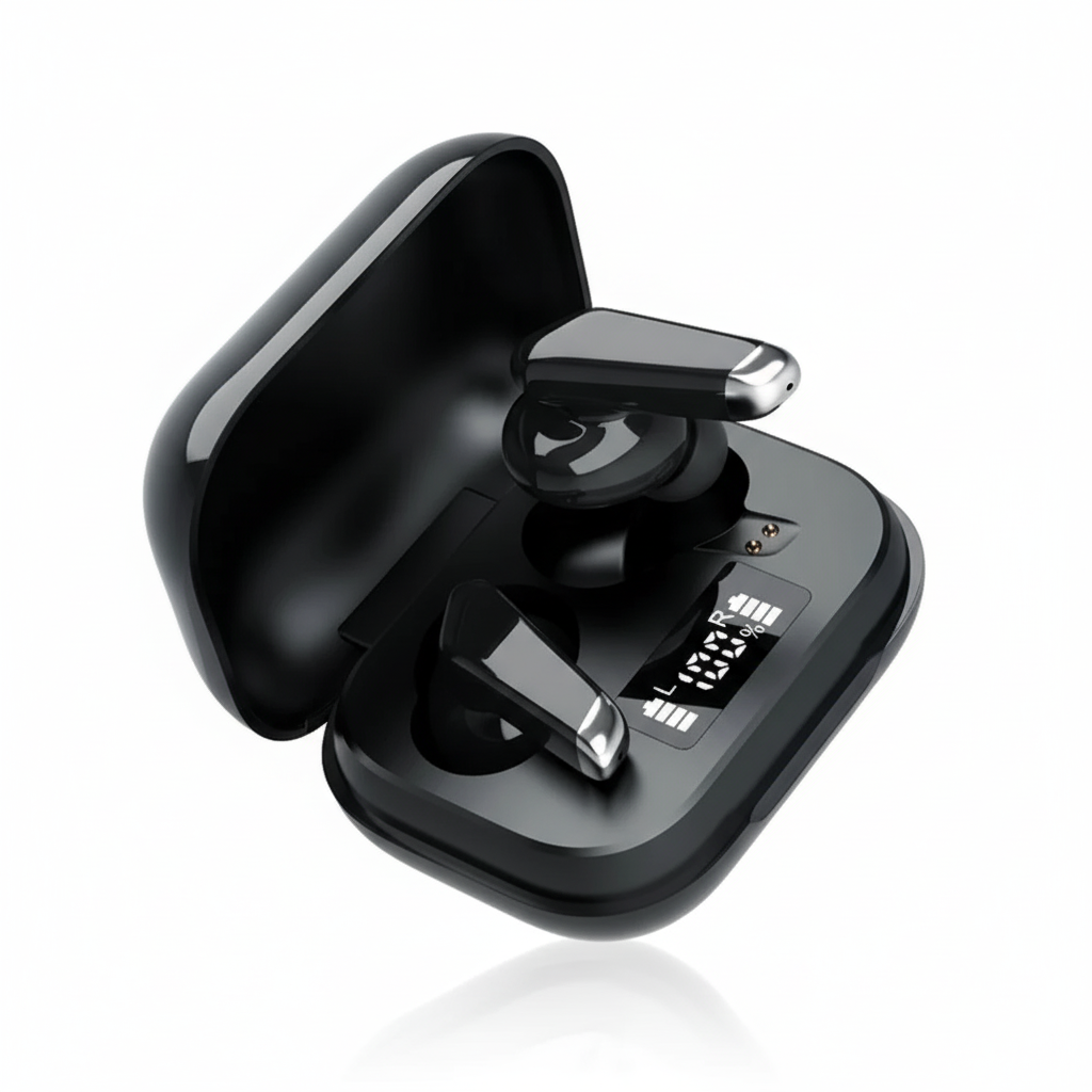 Black wireless earbuds with charging case on a white background