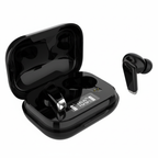 Black wireless earbuds with charging case on a white background