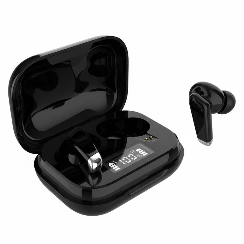 Black wireless earbuds with charging case on a white background