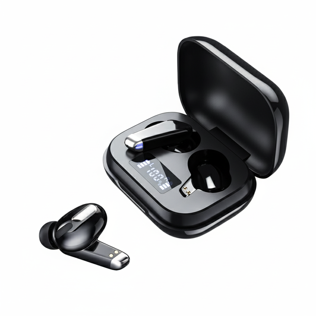 Black wireless earbuds with charging case on a white background