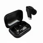 Black wireless earbuds with charging case on a white background
