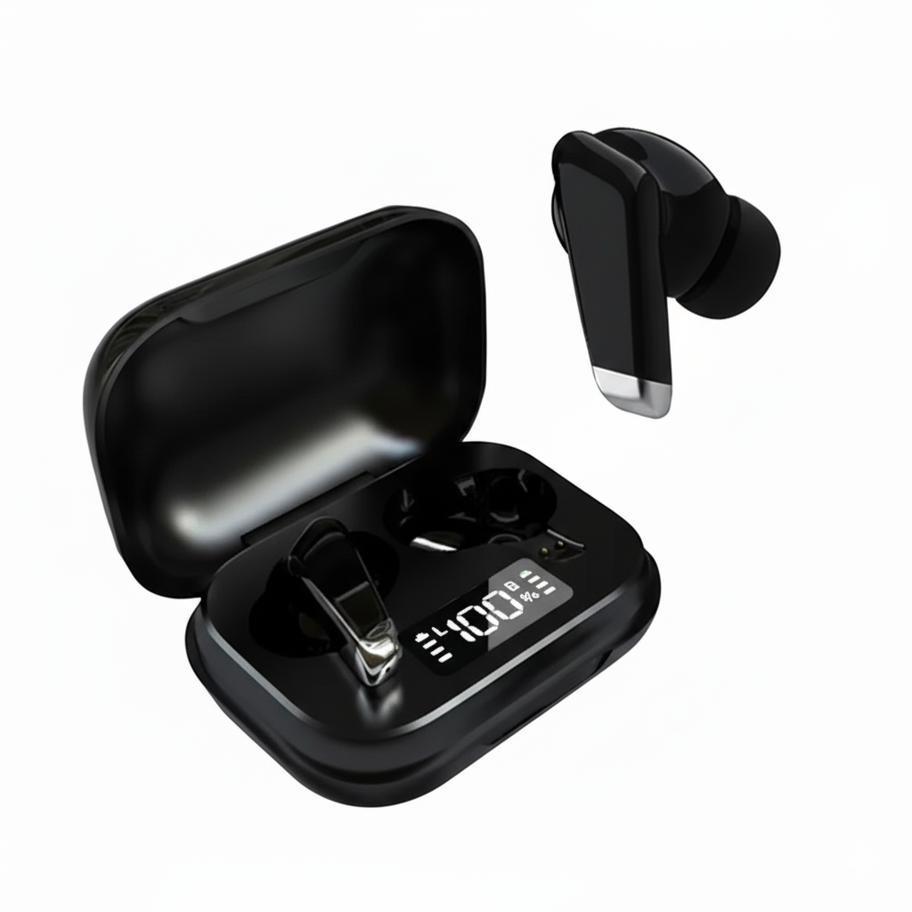 Black wireless earbuds with charging case on a white background