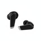 Black wireless earbuds on a white background