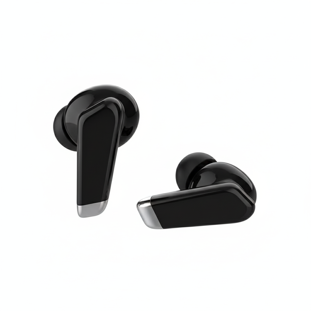Black wireless earbuds on a white background