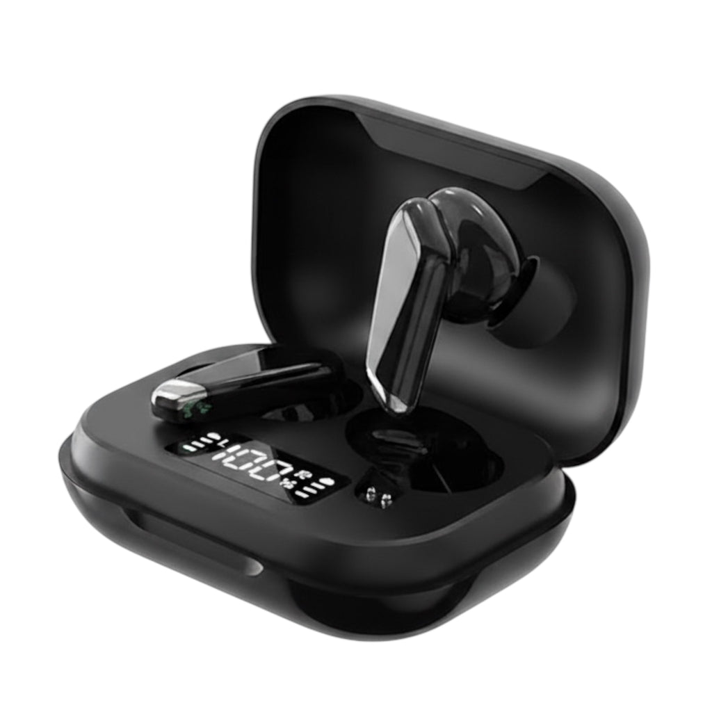 Black wireless earbuds in a charging case on a white background