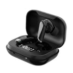 Black wireless earbuds in a charging case on a white background
