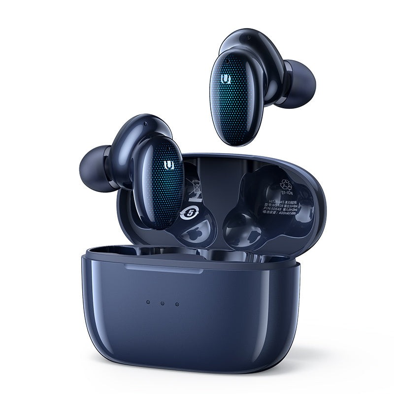 A pair of HiTune X5 Bluetooth earbuds in night blue color, with the earbuds inside an open charging case.