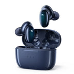 A pair of HiTune X5 Bluetooth earbuds in night blue color, with the earbuds inside an open charging case.