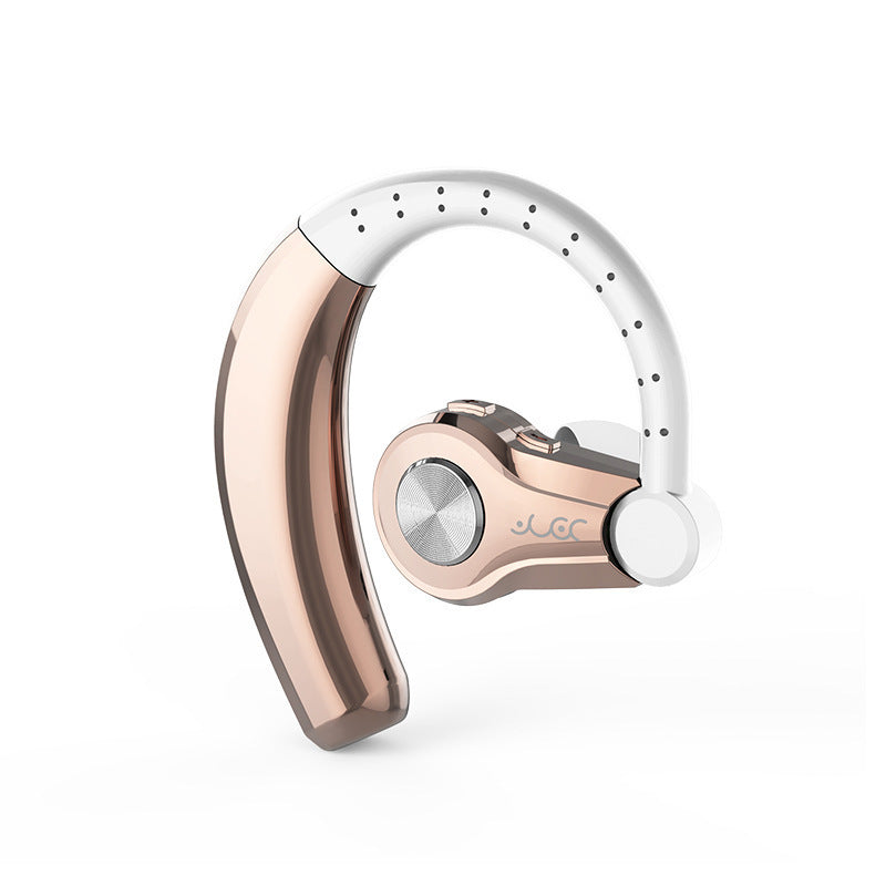 A single wireless stereo bluetooth earbud with an over-the-ear hook design, predominantly black in color with a silver accents and a logo on the side.