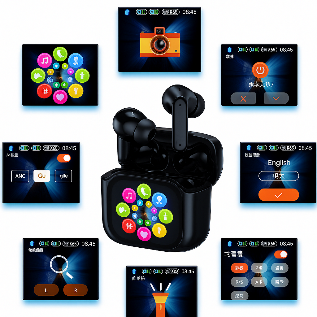  Wireless Headphone Bluetooth Touch Screen Display Multi Function Mode ENC Function BT 5.3 Noise Cancelling Earphone