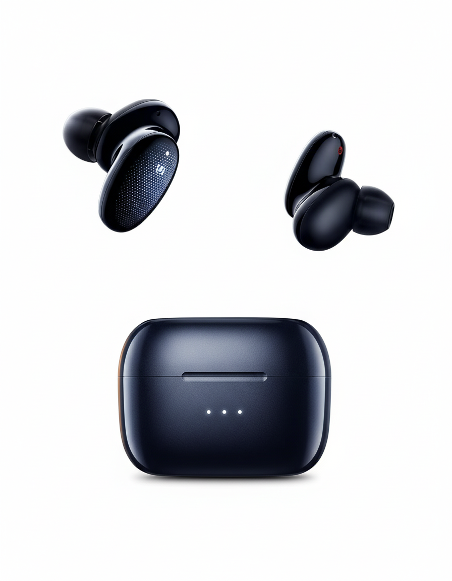 Black wireless earbuds with charging case on a white background