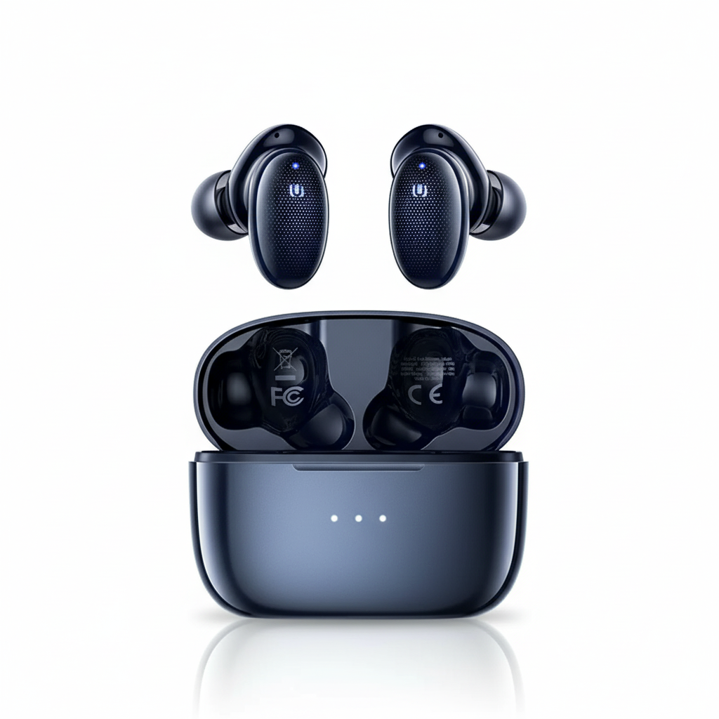 Black wireless earbuds with charging case on a white background