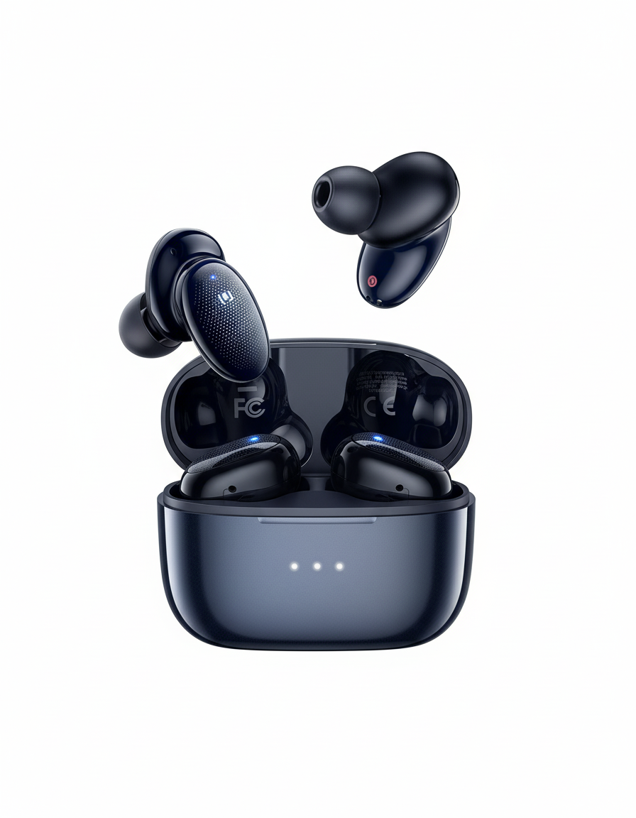 Black wireless earbuds with charging case on a white background