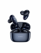 Black wireless earbuds with charging case on a white background