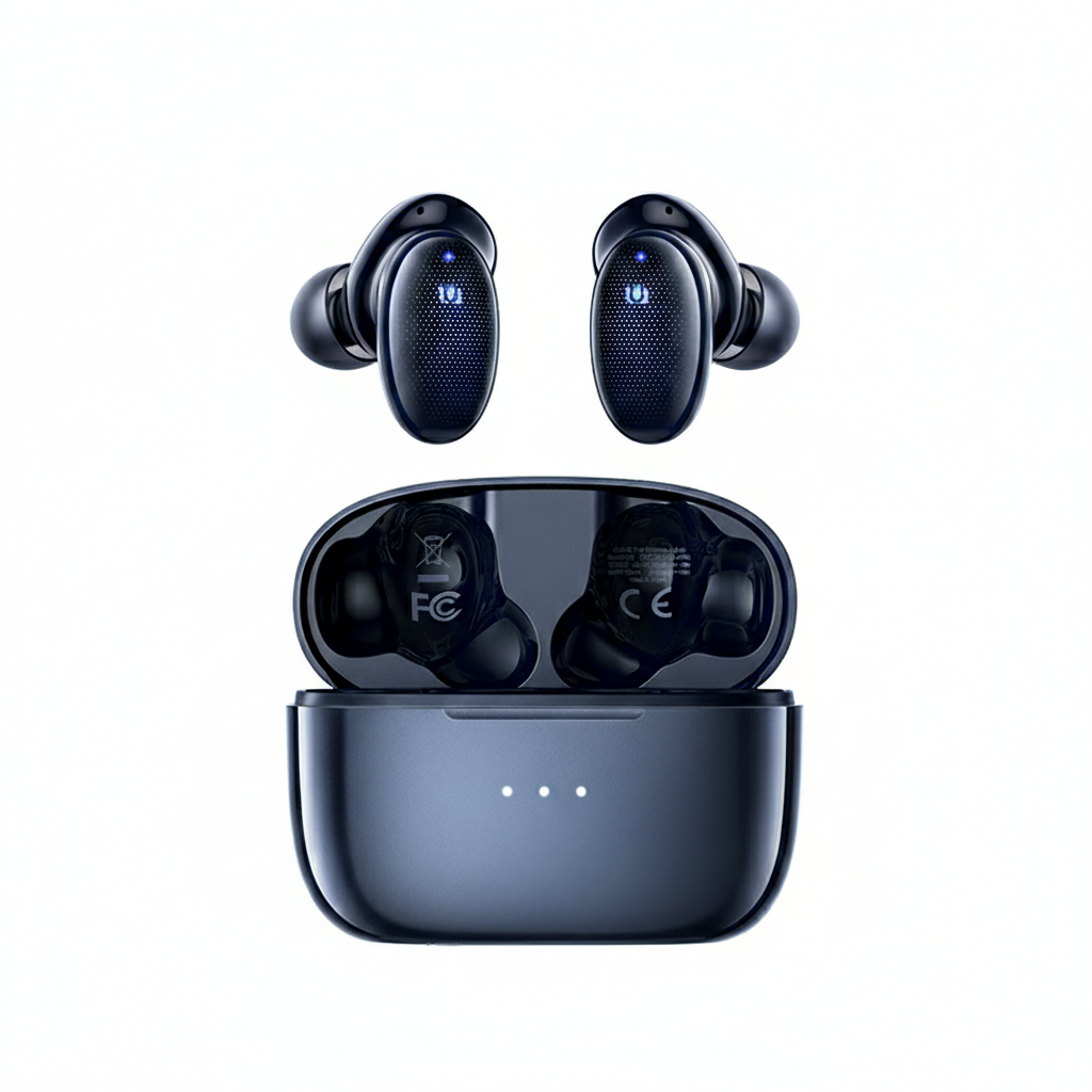 Black wireless earbuds with charging case on a white background